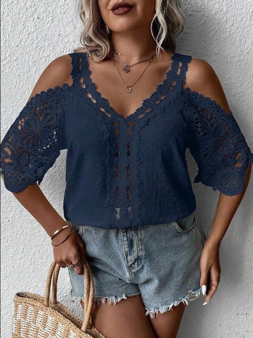 Navy  Blue Lace Cold-Shoulder V-Neck Blouse